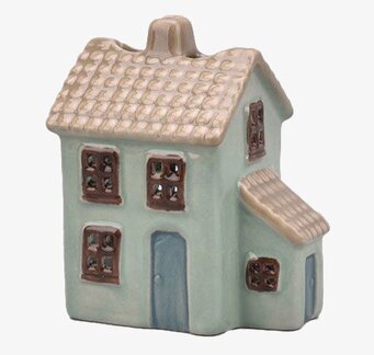 Bild av dekorativ grön ljuslykta i keramik formad som hus