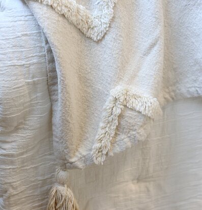 Bild på sängöverkast i offwhite med struktur och tofsdetaljer