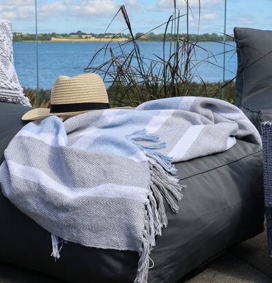 Bild av somrig loungehörna med pläd och utsikt över vatten