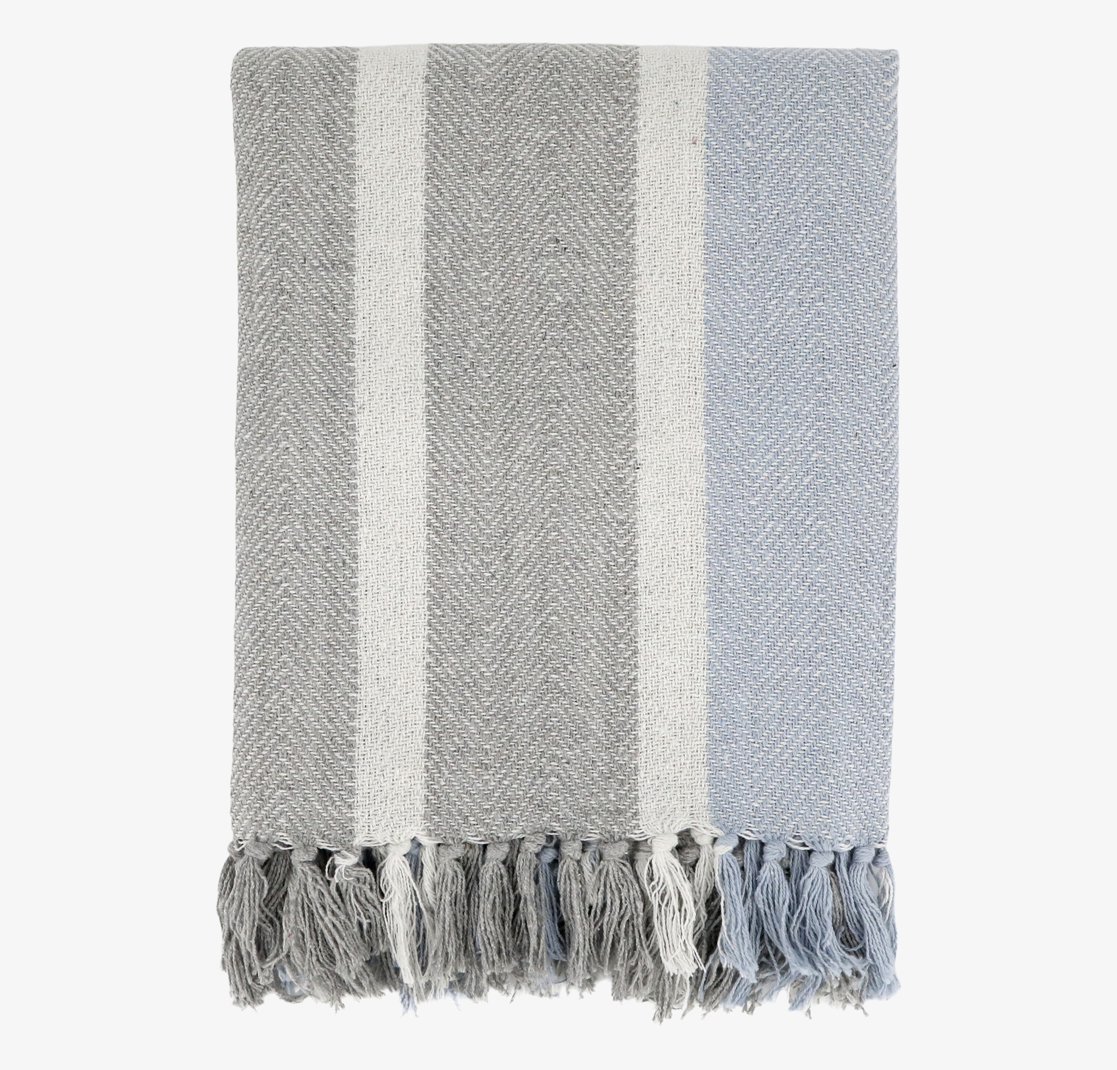 Bild på pläd i grått och himmelsblått med fiskbensmönster