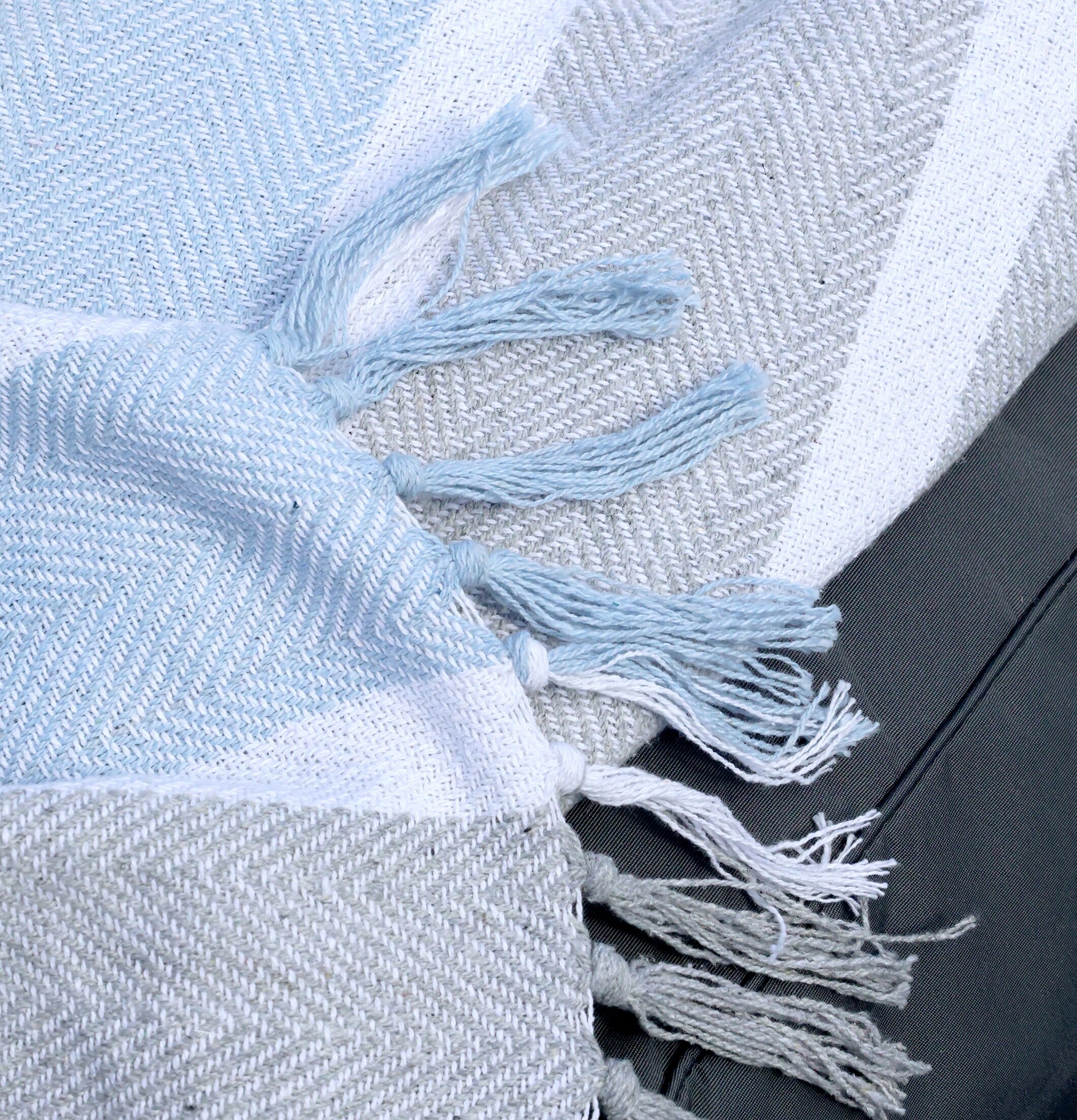 Bild på pläd i grått och himmelsblått med sicksackmönster