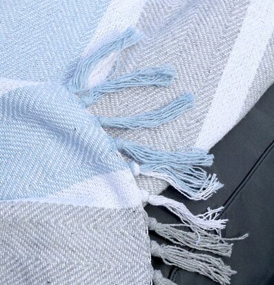 Bild på pläd i grått och himmelsblått med sicksackmönster