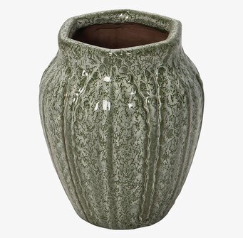 Bild på grön vas med glansig yta och organiska former