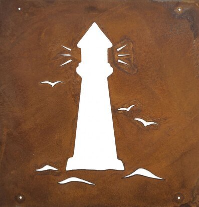 Bild av rostig panel med fyrmotiv och fåglar för dekoration