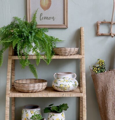 Bild av rustik hylla med citronkrukor och naturmaterial