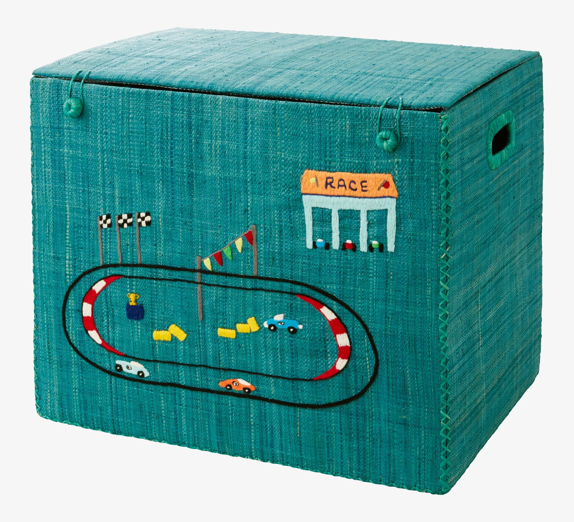 Foto av färgglad turkos förvaringskorg med racingmotiv
