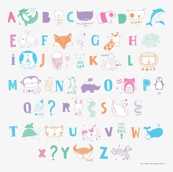 Bild av alfabetet med djur och figurer i pastellfärger
