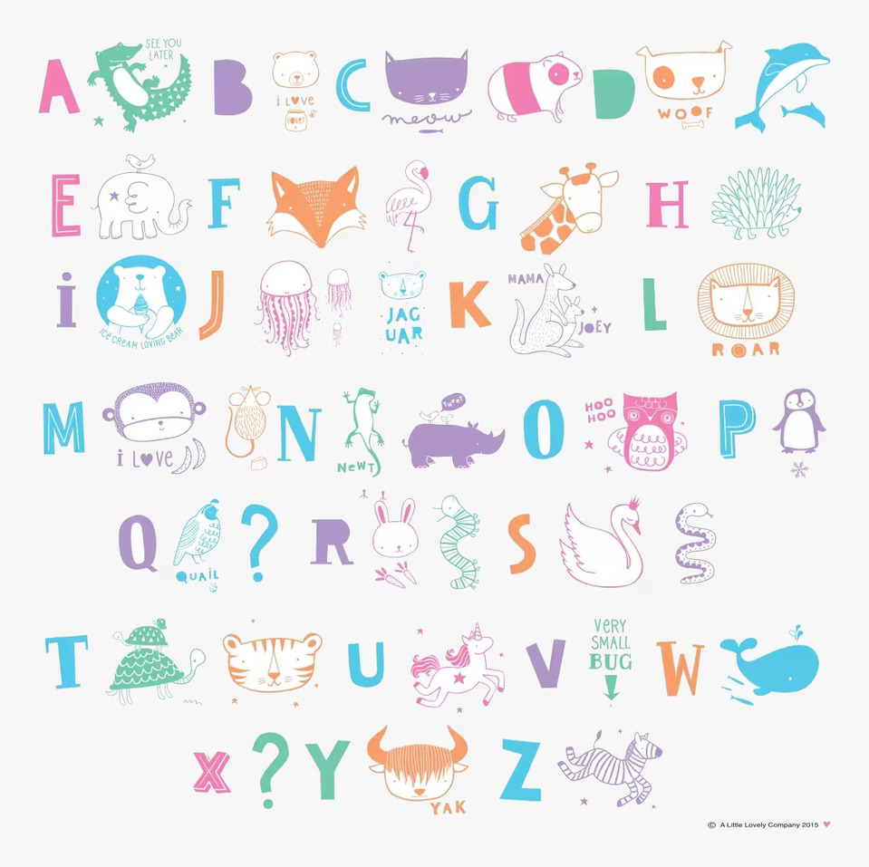 Bild av alfabetet med djur och figurer i pastellfärger