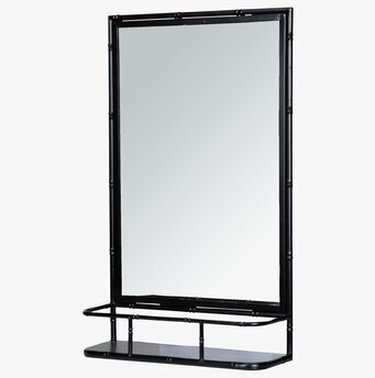 Bild av spegelhylla i svart metall med hylla och bambudetaljer