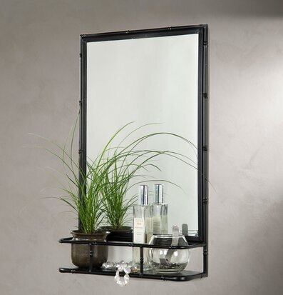 Bild på väggmonterad spegelhylla med svart ram och grönväxt
