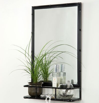 Bild av väggmonterad spegelhylla i svart metall och bambustil