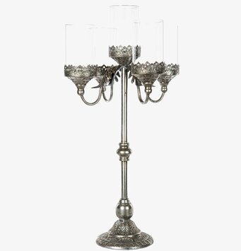 Bild på femarmad kandelaber i antik silver med glascylindrar