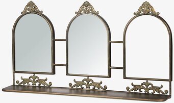 Bild av tredelad spegel i antik mässing med hyllplan