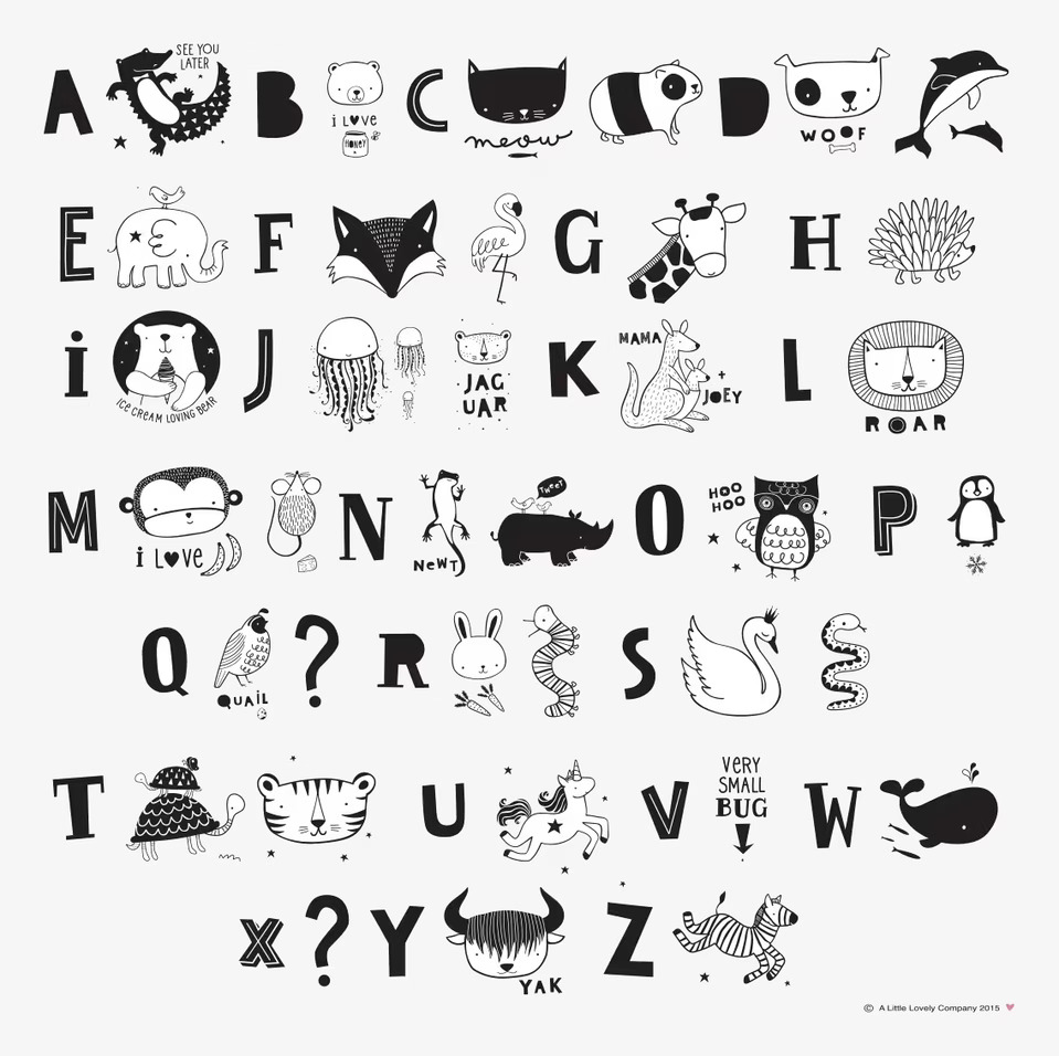 Letter Set ABC Black från A Little Lovely Company med djur