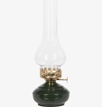 Bild av klassisk grön lampa med glas och guldfärgat fäste