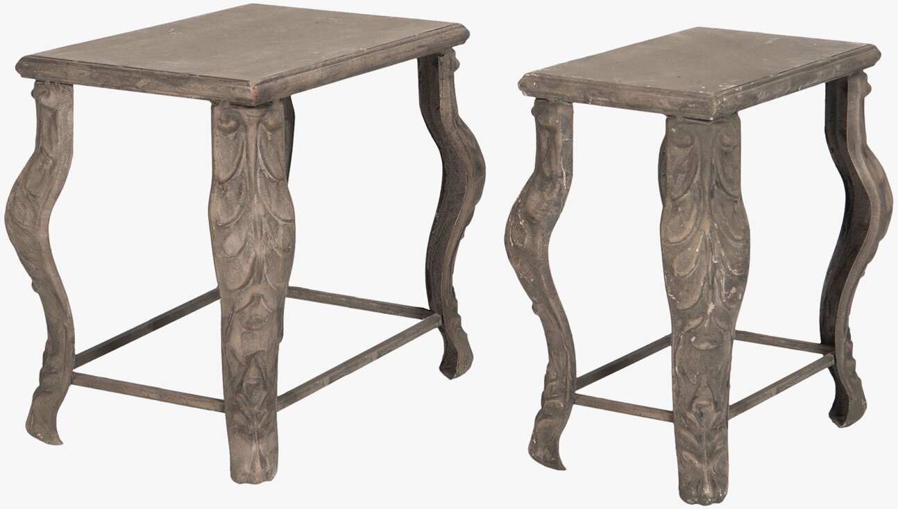 Bild på två små metallbord med dekorativa ben och matt yta