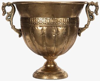 Bild av gyllenbrun pokalformad kruka med dekorativa handtag