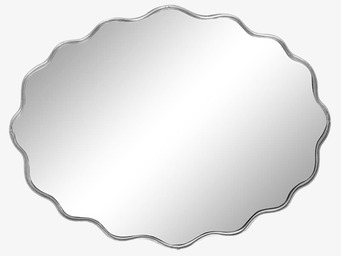 Bild på liten spegel med vågformad kant och tunn metallram