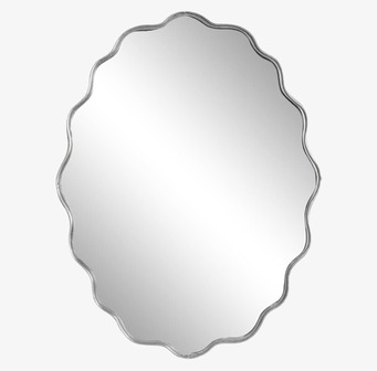 Bild av oval väggspegel med vågig ram i rostfritt stål