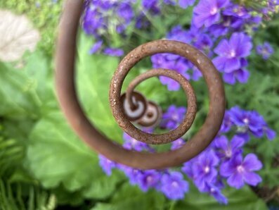 Bild av spiralformad trädgårdsdekor bland blommor och grönt