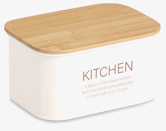 Bild på rektangulär plåtburk med trälock för köksförvaring