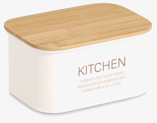 Bild på rektangulär plåtburk med trälock för köksförvaring