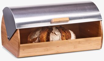 Bild på brödbox i bambu och rostfritt stål med lantbröd