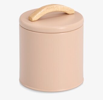 Bild på stilren cylindrisk förvaringsburk med trähandtag