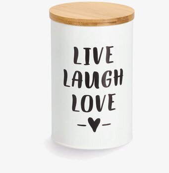 Bild på vit plåtburk med trälock och texten LIVE LAUGH LOVE