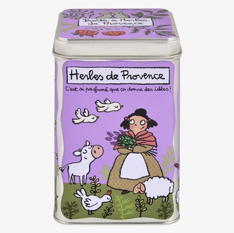 Bild av lila plåtburk med lantlig och lekfull design