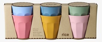 Bild av sex pastellfärgade melaminmuggar i förpackning