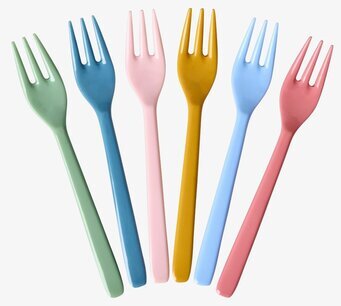 Bild på sex färgglada dessertgafflar i solfjäderformation