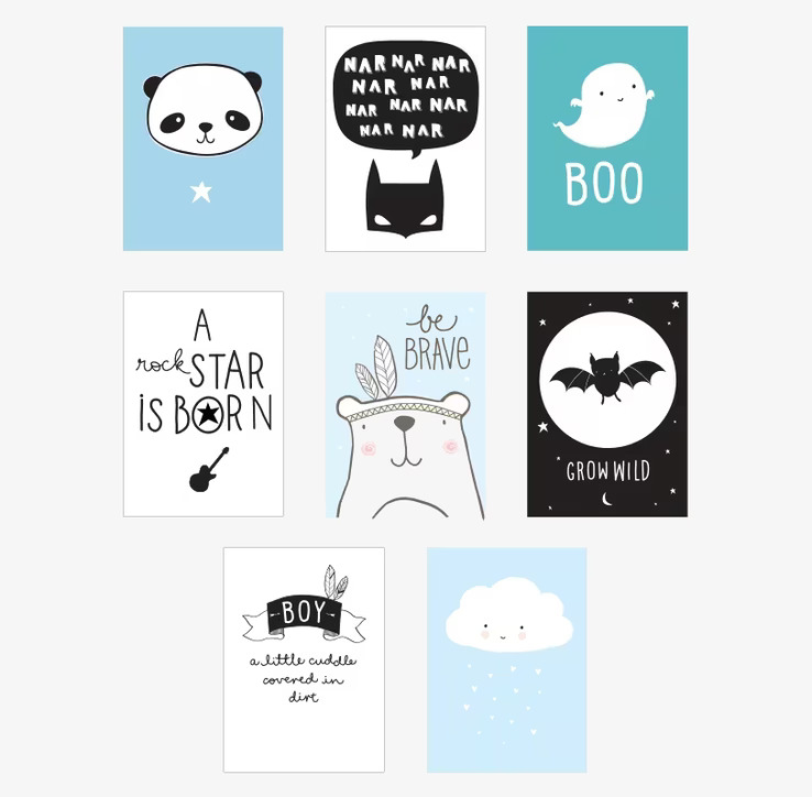 Bild av nio stilrena och mångsidiga posters för barnrum