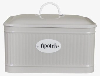 Bild på beige plåtburk med handtag och räfflad design