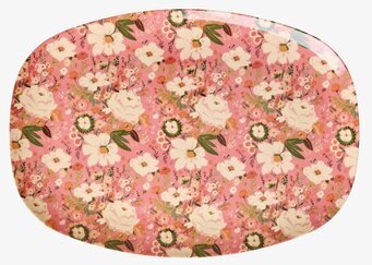 Bild av rektangulär tallrik med blommönster i rosa och vitt