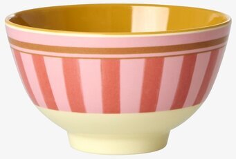 Bild av liten skål med randigt mönster i rosa och gult