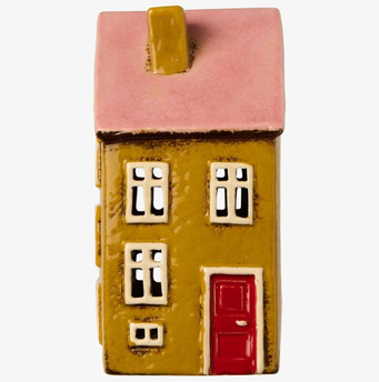 Bild av dekorativ ljuslykta i keramik formad som litet hus