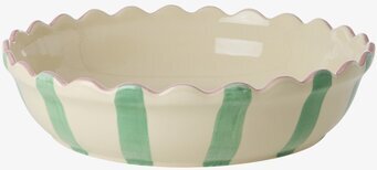 Bild av stor keramikpajform med gröna ränder och vågig kant