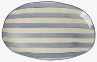Bild av ovalt serveringsfat med blå ränder och krämfärgad bas