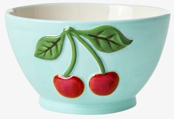 Bild av keramikskål med mintgrön bas och körsbärsdekor