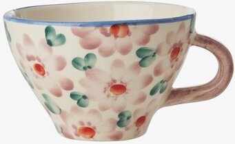 Bild på tekopp i keramik med handmålat blommönster och färg