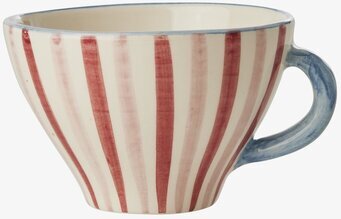 Bild på handmålad tekopp med röda ränder och blått handtag