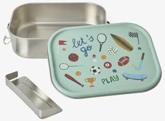 Bild på lunchlåda med sportmotiv, avdelare och låssystem