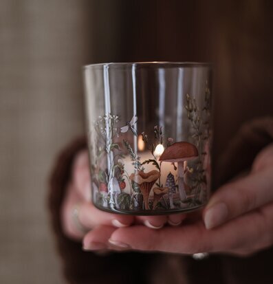 Bild av ljuslykta med botaniskt motiv och höstig känsla