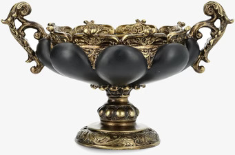 Bild på dekorativ skål på fot med gulddetaljer och svart kupa