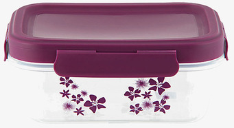 Bild på rektangulär matlåda med lila blommor och snäpplås