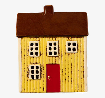 Bild på dekorativ gul ljuslykta i keramik med röd dörr