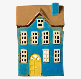 Bild av dekorativ blå ljuslykta i keramik med husdesign