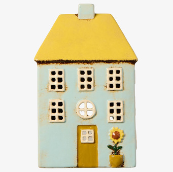 Bild på dekorativ ljuslykta i form av hus med blomdetalj