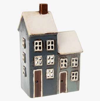Bild av dekorativ blågrå keramiklykta i form av två hus